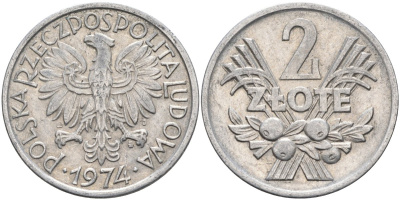 Польша 2 злотых 1974 MW, Народная Республика KM 46, Parchimowicz 216h алюминий 4398-1126