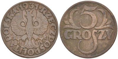 ПОЛЬША 5 ГРОШЕЙ 1931 w KM 10а бронза 4516-1125