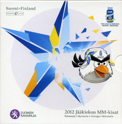 Финляндия евронабор из 8 монет 2012 Чемпионат мира по хоккею с шайбой, талисман, официальный набор в оригинальном буклете UNC 5-6-2-32