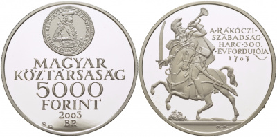 Венгрия 5000 форинтов 2003 300 лет войне за независимость, тираж 3000 экземпляров KM 771 серебро PROOF 1071-10-21