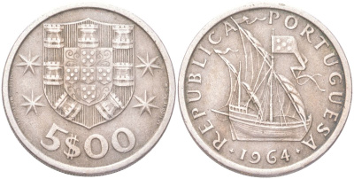 Португалия 5 эскудо 1964 KM 591 медно-никель 4143-456