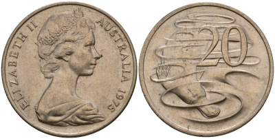 Австралия 20 центов 1975 Елизавета II (1952-2022), утконос KM 66 медно-никель 4599-343