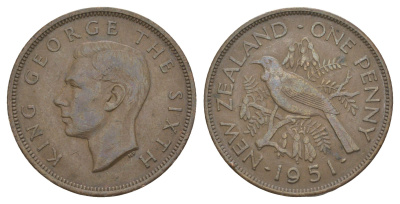 Новая Зеландия 1 пенни 1951 Георг VI (1936-1952), новозеландский туи KM 21 бронза 88-234