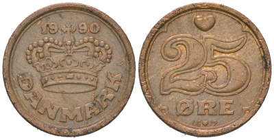 Дания 25 эре 1990 LG; JP; A, Маргрете II (1972-2024) KM 868.1 бронза 4147-345