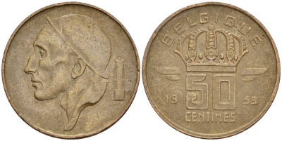 БЕЛЬГИЯ 50 САНТИМОВ 1953 BELGIQUE KM 148.1 бронза 4528-932