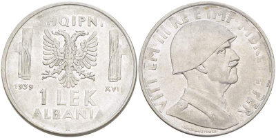 Албания 1 лек 1939 R, год XVIII, Итальянская оккупация, вторая мировая KM 31 нержавеющая сталь 4523-413