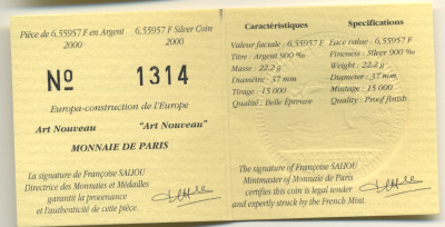 Франция 1 евро = 6,55957 франков 2000 стиль арт-нуво в архитектуре (XIX-XX веков) в оригинальной коробке, с сертификатом KM 1227 серебро PROOF 5-6-1-43