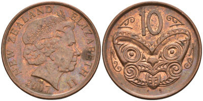 Новая Зеландия 10 центов 2007 маска Маори, Елизавета II (1952-) KM 117а сталь плакированная медью 4579-1255