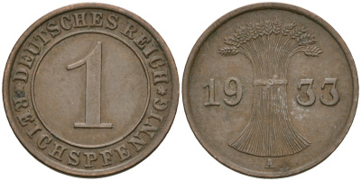 Германия 1 рейхспфенниг 1933 A KM 37, J. 313 бронза 4189-1158