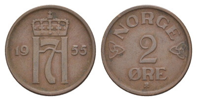 Норвегия 2 эре 1955 Хокон VII (1905-1957) KM 399 бронза 4635-327