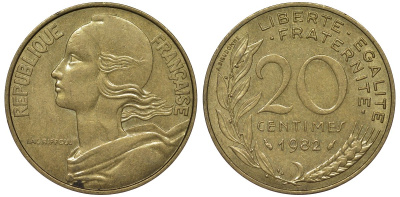 Франция 20 сантимов 1982 KM 930, Le Franс 156.22 медь алюминий никель 4122-145