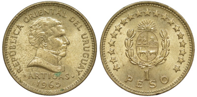 Уругвай 1 песо 1965 KM 46 алюминиевая бронза 34-424