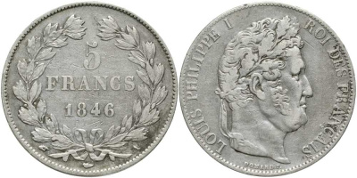 Франция 5 франков 1846 А, Луи Филипп I (1830-1848) KM 749.1, Le Franc 325.10 серебро    633-1125