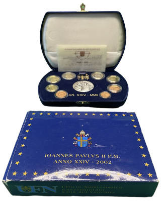 Ватикан евронабор из 8 монет + серебряная медаль 2002 Иоанн Павел II, очень редкий KM PS 15 биметалл PROOF 4-3-5-01-1