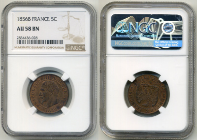 Франция 5 сантимов 1856 B, Наполеон III (1852-1870), в слабе NGC AU 58 BN KM 777.2, Le Franc 2014 116/31 бронза aUNC 15-004-14