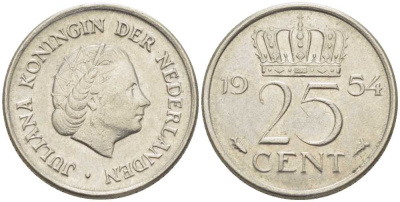 НИДЕРЛАНДЫ 25 ЦЕНТОВ 1954 ЮЛИАНА (1948-1980) KM 183 никель 214-921