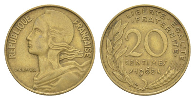 Франция 20 сантимов 1968 тип Morlon KM 930, Le Franc 156.8 алюминиевая бронза 4631-457