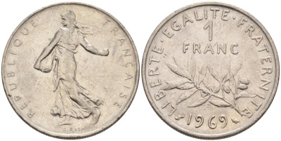 Франция 1 франк 1969 сеятель KM 925.1, Le Franc 226.14 никель 4390-116