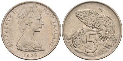 Новая Зеландия 5 центов 1970 Елизавета II (1952-2022), ящерица гаттерия KM 34.1 медно-никель    4602-651
