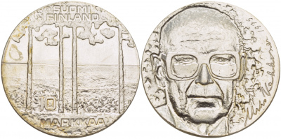 Финляндия 10 марок 1975 S-H, 75 лет президенту Урхо Кекконену KM 54 серебро UNC 1515-1541