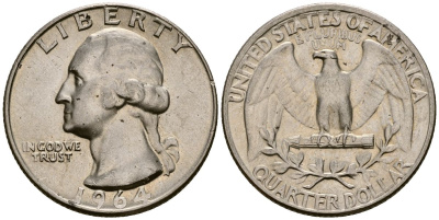 США 25 центов (квотер) 1964 Вашингтон KM 164 серебро 4177-735