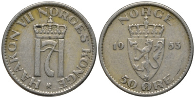Норвегия 50 эре 1953 Хокон VII (1905-1957) KM 402 медно-никель 4577-746