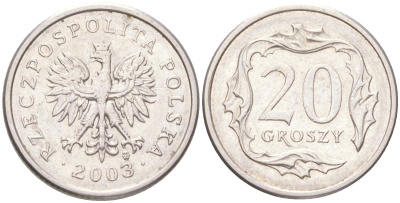 Польша 20 грошей 2003 Y 280 медно-никель UNC 4614-328