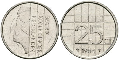 НИДЕРЛАНДЫ 25 ЦЕНТОВ 1984 БЕАТРИКС KM 204 никель 96-268
