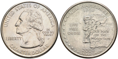 США 25 центов = квотер 2000 Р, серия штаты США, Нью-Гэмпшир KM 308 медь плакированная медно-никелем 4586-137