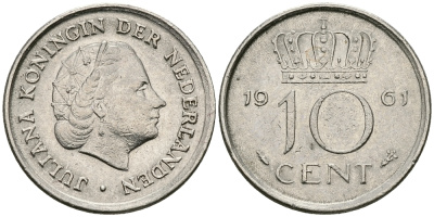НИДЕРЛАНДЫ 10 ЦЕНТОВ 1961 ЮЛИАНА KM 182 никель 96-433
