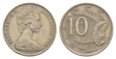 Австралия 10 центов 1970 Елизавета II (1952-2022), птица лирахвост KM 65 медно-никель 4364-2827