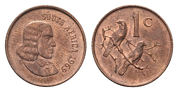 ЮАР 1 цент 1969 Ян ван Рибек (1619-1677), South Africa, легенда на африкаанс, капские воробьи KM 65.1 бронза aUNC 4690-931