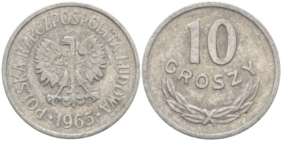 ПОЛЬША 10 ГРОШЕЙ 1965 MW KM АА47 алюминий 4549-258