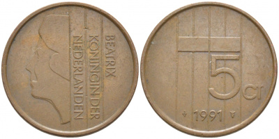 НИДЕРЛАНДЫ 5 ЦЕНТОВ 1991 БЕАТРИКС KM 202 бронза 3856-543