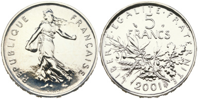 Франция 5 франков 2001 прощай франк, в оригинальной коробке, в оригинальной коробке KM 1309 серебро  UNC  3-4-11-21