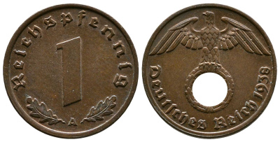 Германия 1 рейхспфенниг 1938 A KM 89, J. 361 бронза    220-243