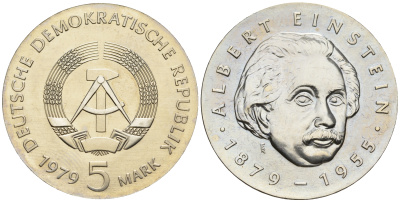 ГДР 5 марок 1979 A, 100 лет со дня рождения Альберта Эйнштейна KM 72, J. 1572 медь цинк никель UNC 413-5723