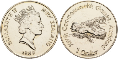 Новая Зеландия 1 доллар 1989 XIV Игры Содружества наций, плавание, Елизавета II (1952-2022) KM 69 медно-никель UNC 73-535