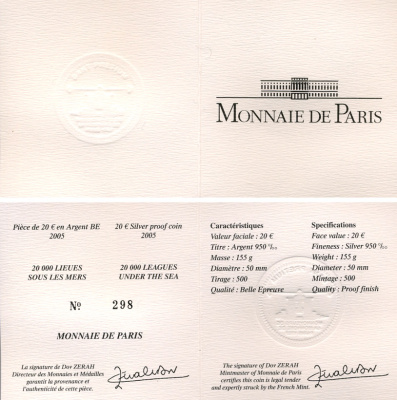 Франция 20 евро 2005 Жюль Верн 20000 лье под водой 155 гр. серебро PROOF 00-000-00