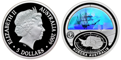 Австралия 5 долларов 2009 Международный полярный год 2007-2008, австралийское северное сияние, голограмма KM 1081 серебро PROOF 4-3-3-07