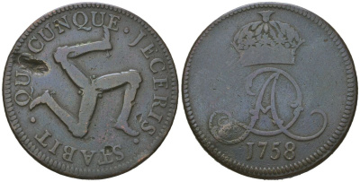 Остров Мэн 1 пенни 1758 Джеймс Мюррэй KM 7 медь 94-151