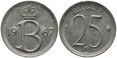 Бельгия 25 сантимов 1967 Belgique, Бодуэн I (1951-1993) KM 153.1 медно-никель 99-417