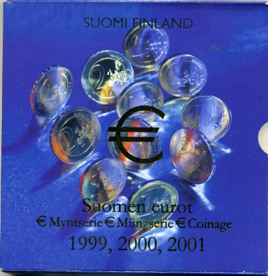 Финляндия набор из трех евронаборов по 8 монет в каждом 1999, 2000, 2001 официальный набор в оригинальном буклете  биметалл  UNC  5-6-1-14