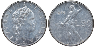 Италия 50 лир 1976 R, бог Вулкан у наковальни KM 95.1 нержавеющая сталь 4142-1141