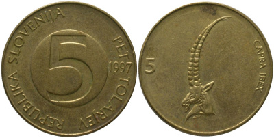 Словения 5 толаров 1997 KM 6 латунь 4548-935