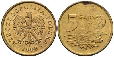 Польша 5 грошей 1998 MW KM 278, Parchimowicz 703e латунь 4580-549