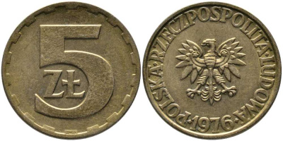 Польша 5 злотых 1976 монетный двор Ленинград (ЛМД) KM 81.1, Parchimowicz 221b латунь 110-842