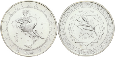 ИТАЛИЯ 10 ЕВРО 2003 ПРЕЗИДЕНТСТВО В ЕС серебро UNC 7-5-4-04