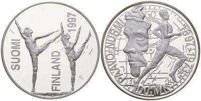Финляндия 100 марок 1997 Стадион Пааво в Турку, гимнастика KM 84 серебро  PROOF  1095-2-44