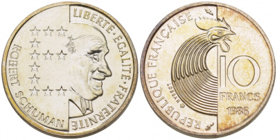 Франция 10 франков 1986 100 лет со дня рождения Роберта Шумана KM 958а серебро UNC 1074-6-41